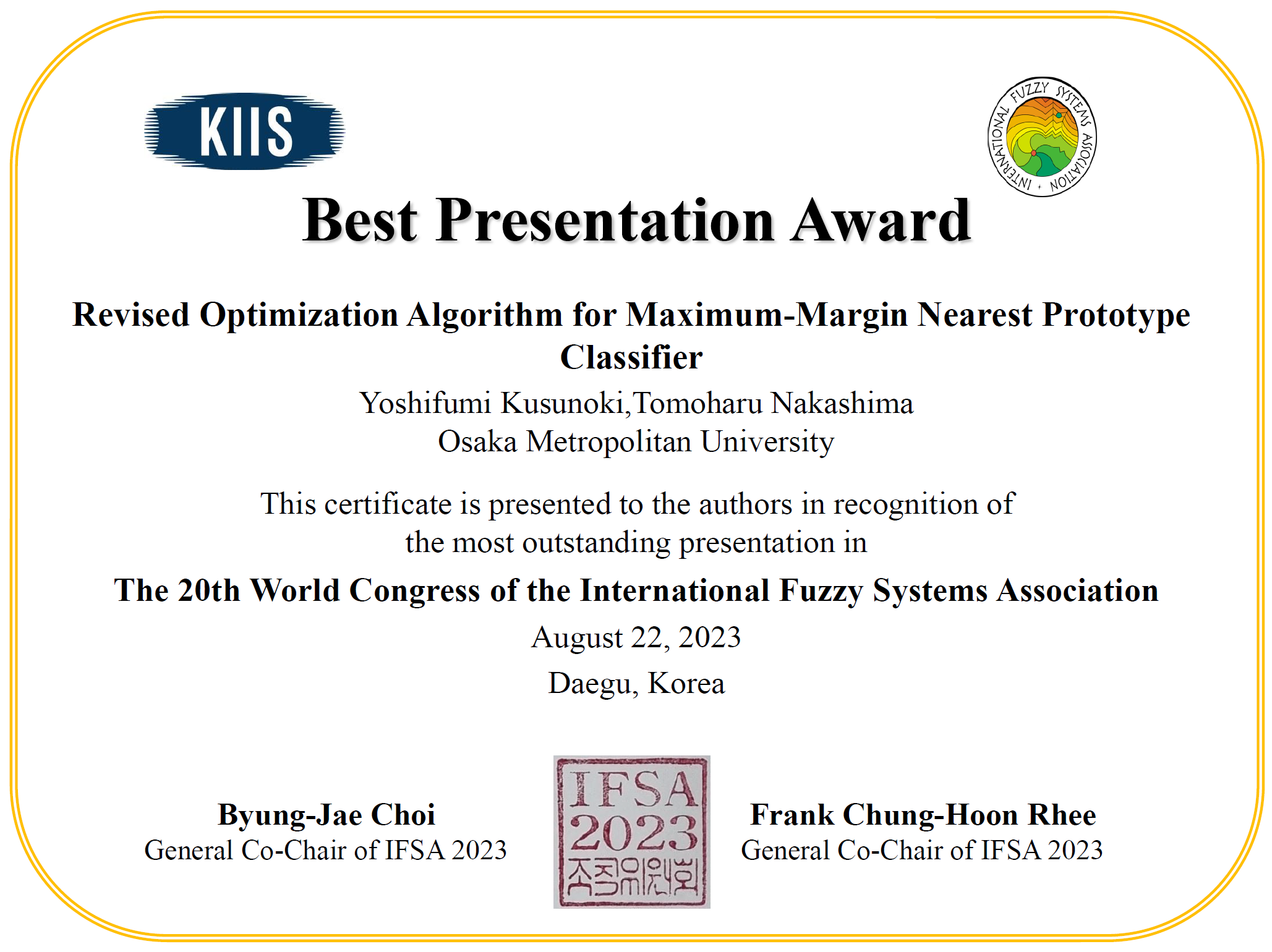 best presentation award_IFSA2023楠木先生