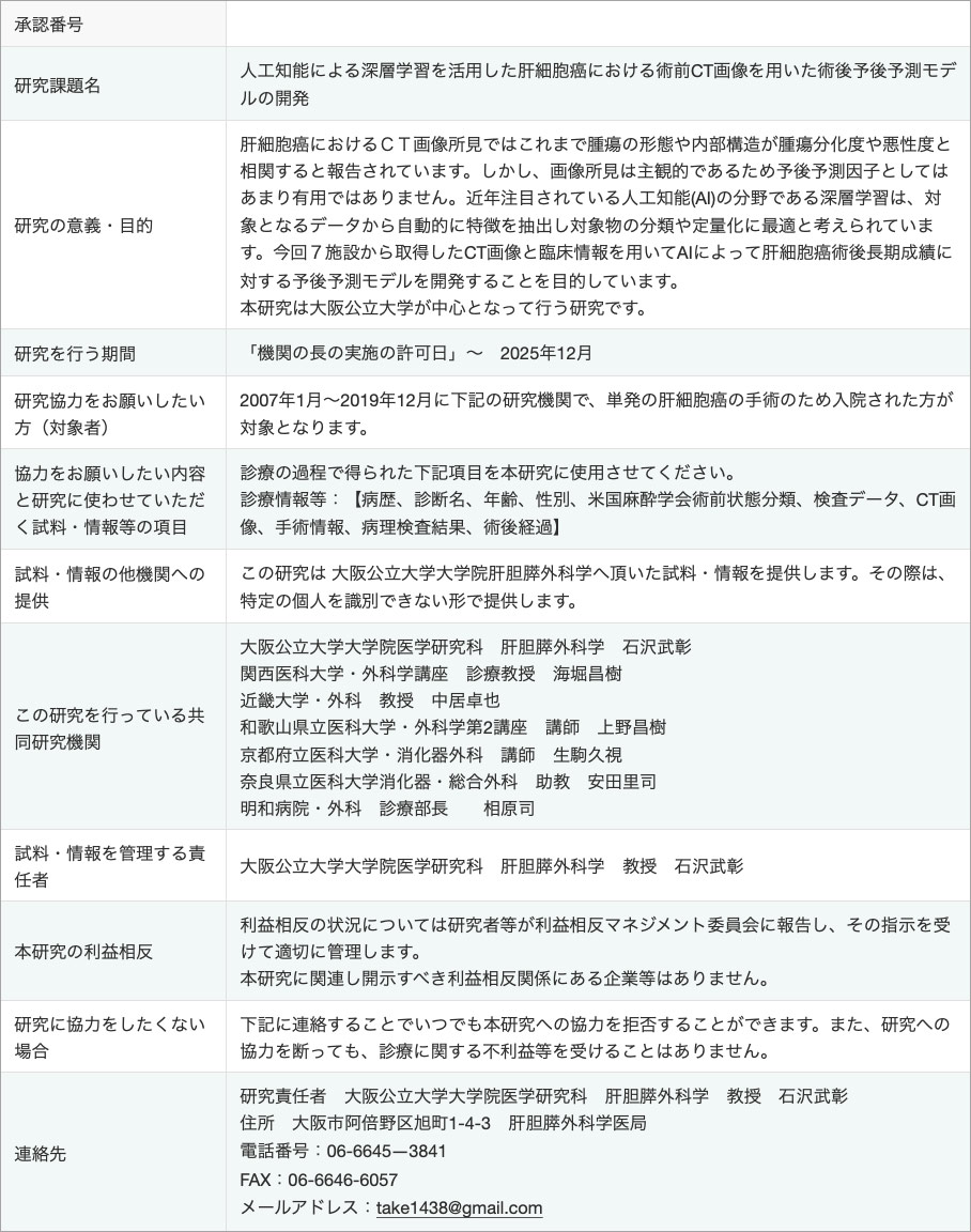 人工知能による深層学習を活用した肝細胞癌における術前CT画像を用いた術後予後予測モデルの開発